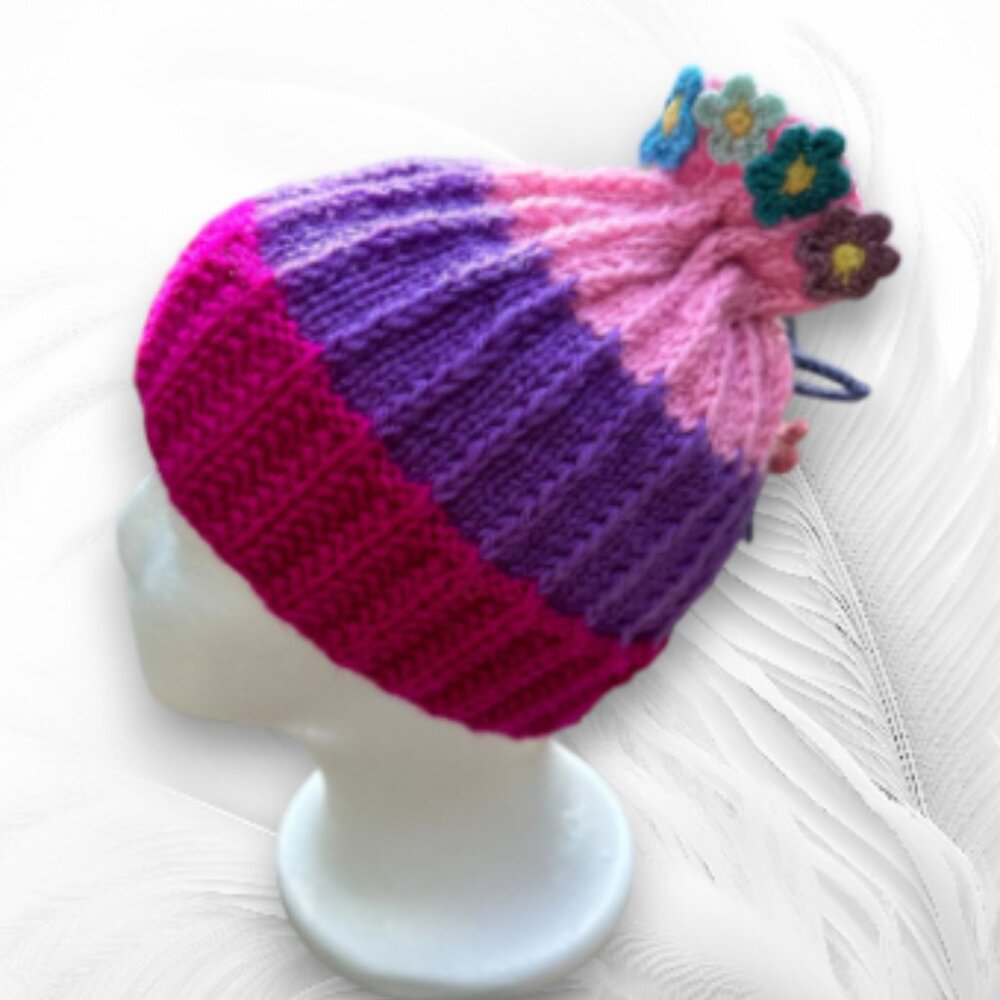 Colorful Knit Beanie with Flowers